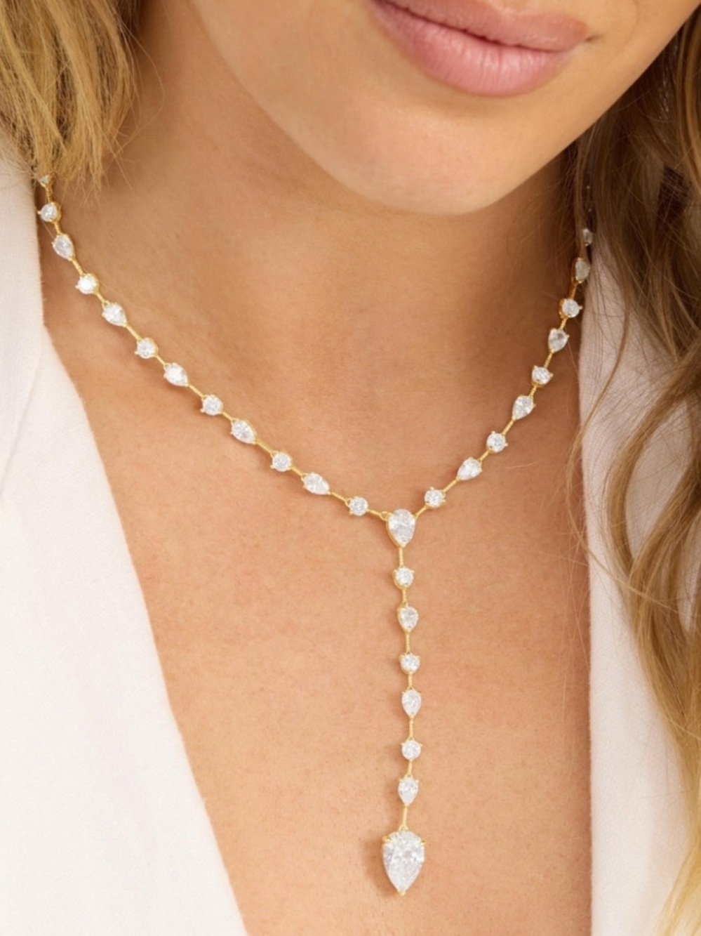 New Melinda Maria F-Ing Gorgeous Lariat Necklace Gold White Diamondettes $195